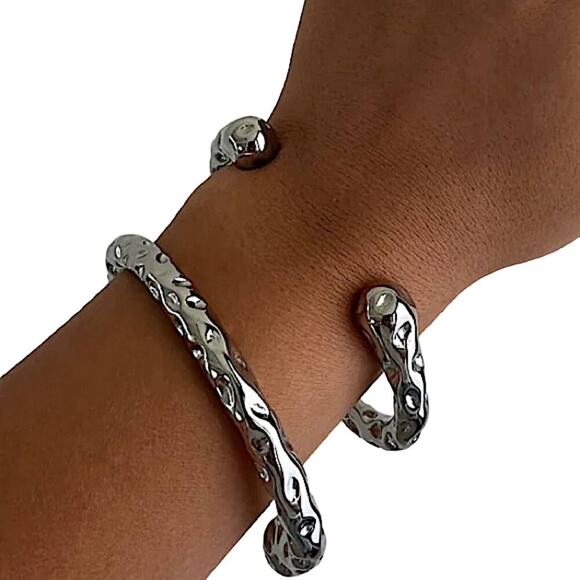 Stainless Steel Contour Bracelet, Irregular Hammered Bangle Cuff, Anniversary - Picture 2 of 8